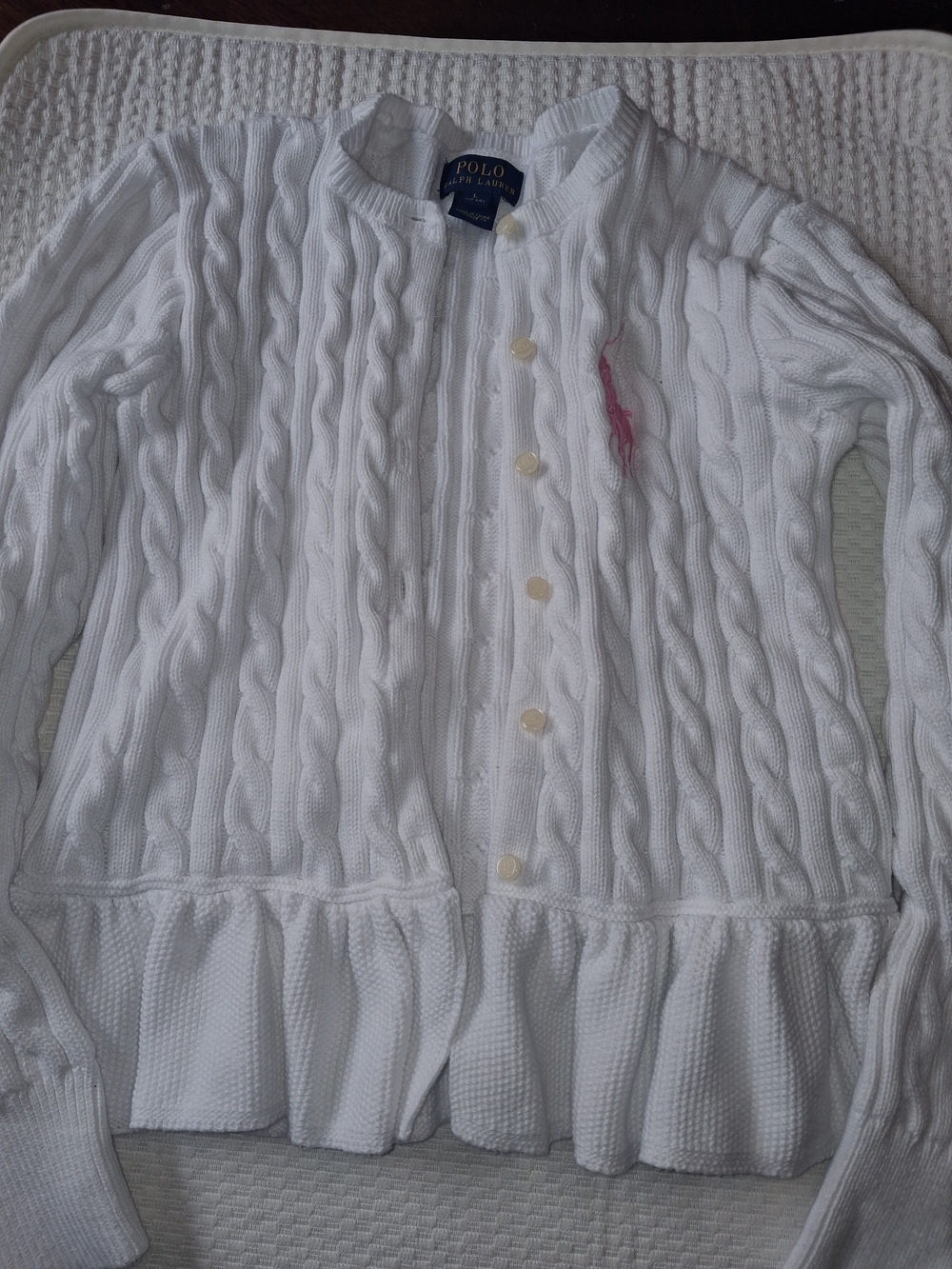 Ralph Lauren White Cable-Knit Ruffle Cardigan with Pink Pony - Girls - Picture 6 of 8